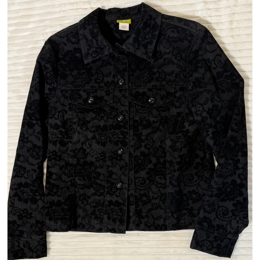 Acorn Womens Black Lace Imprinted Velvet Button Up Jacket Floral Small RN106256 - Picture 2 of 12